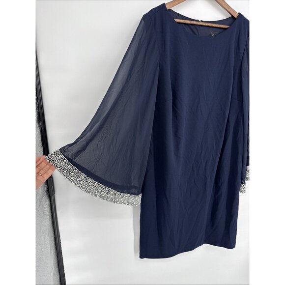 Xscape Womens Plus Size 20 Navy Blue Beaded Bell Sleeve Formal Evening Dress NWT - Picture 4 of 10